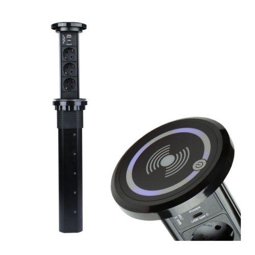 DL- Gniazdo LIFT BOX AUTO 3x230V Schuko + USB A/C z ładowarką indukcyjną i włącznikiem